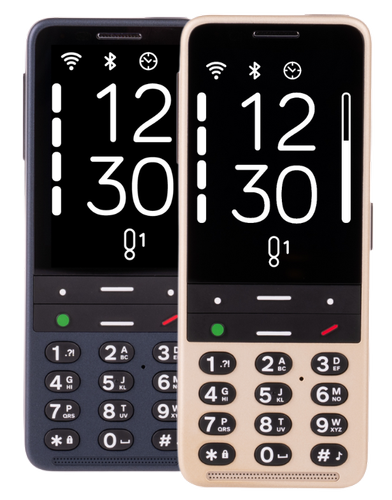 Ozvučený mobilní telefon BlindShell Classic 3 (zlatá a modrá barva).